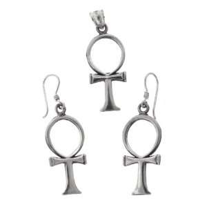  Sterling Silver Ankh Cross Hook Earrings Pendant Set 