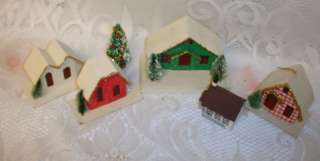   CHRISTMAS VILLAGE CHURCH & HOUSES, Cardboard Mica Glitter Putz 5pc