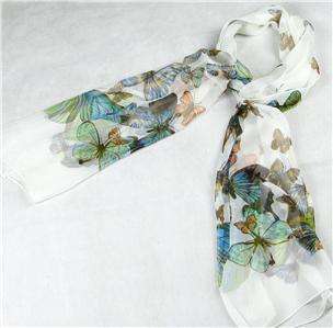 Cool white Oblong Silk Scarf Art Painting Butterfly  
