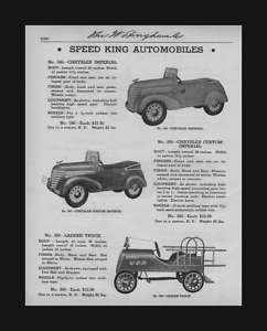Speed King Peddle Cars, Toy, vintage catalogue sheet, original 1935 