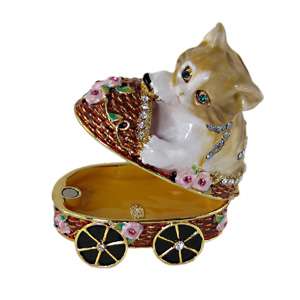 Kitty Cat Riding Carriage Jewelry Trinket Box Bejeweled  