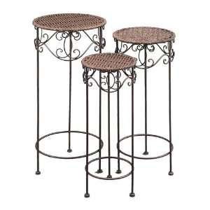   of 3 Round Antiqued Wicker Outdoor Patio Plant Stand