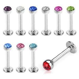 10 Stainless Steel Labrets/Monroes with Colored CZ Ball End   14 Gauge 