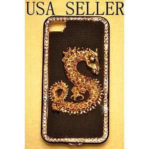 CHINESE DRAGON iPhone 4 & iPhone 4S Black Leather & Bling 
