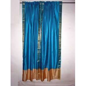 Picton Blue Silk Sari Curtains Gold Border Indian 84  