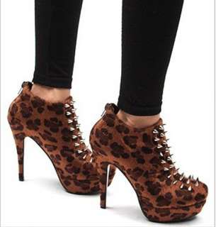 2012 Fashion Womens Leopard Rivet High Heel Ankle Shoes Boots #057 