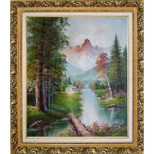 Take to Home Bridge Oil Painting, with Ornate Antique Dark Gold Wood 