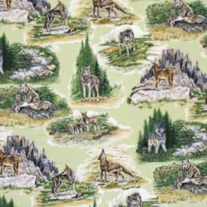  45 Wide Wolfsong Wolf Scenes Green Fabric By The Yard 