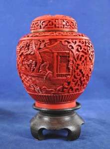 Pair Of Chinese Carved Cinnabar Ginger Jar With Wooden Stands  