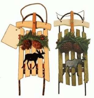  Wooden Sled with Moose Ornaments (6 pc Set) 6 inch