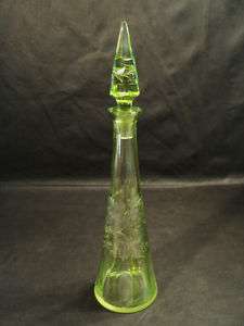 LOVELY GREEN CUT TO CLEAR ENGRAVED ART GLASS DECANTER  