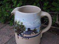 Vintage Clay Crock Pitcher Jug hand painted Cabin  