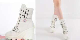   White Stud Buckle Zip Wedge Heel Boots US 5~8 / Lace Up High Top Shoes