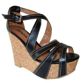Charming Chic Style X Straps Cork Platform Wedge Heel Sandal Black All 