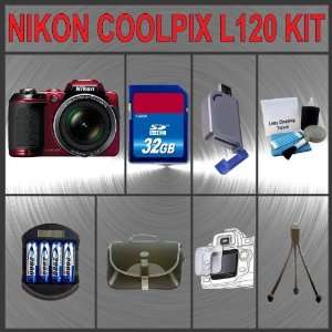  Nikon Coolpix L120 Digital Camera (Red) + Huge Accessories 