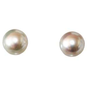14k yellow gold white round 8.0 mm Akoya pearl stud earrings with push 