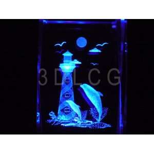  Dolphins with Lighthouse 3D Laser Etched Crystal 