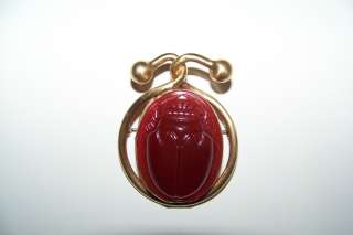 Vintage 40s scarab beetle brooche brass & carnelian glass huge 