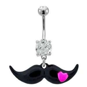 Cute Clear Cz Mustache w/ Pink Heart Mystery mischief Belly navel Ring 