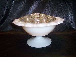 MILK GLASS PEDSTAL BOWL WITH SCALLOPED EDGE 17 HOLE FLOWER FROG  