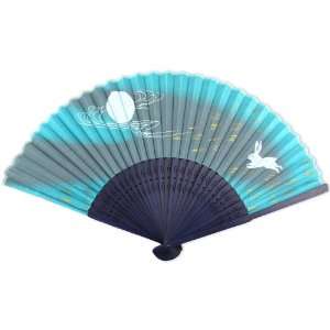     Painted Fabric   Perforated Blue Tint Wood Hand Held Folding Fan