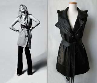 Runway Sexy Trendy Long Trench Style Belted Biker Leather Trim Vest 