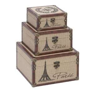  Set of Three Unique Wood Burlap Decorative Boxes