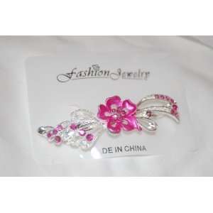    Pink Silver Flower & Gems 2.5 Silver French Clip Barrette Beauty