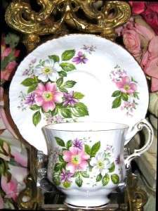   VIOLETS & PINK WILD ROSES Tea Cup and Saucer Flower Festival  
