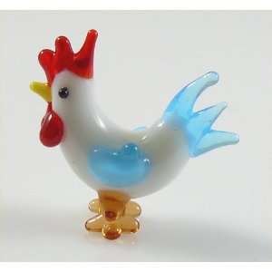 Rooster Hen, White and Blue Glass Figurine Animal Approx 1 Inch Tall 