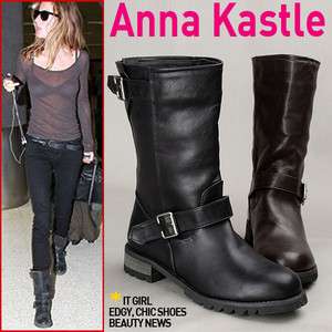 Annakastle Womens Mid Calf Motorcycle Biker Boots Black Brown Size 5 6 