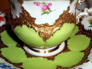 Rich Gold & Lime Green Floral Meissen Tea Cup and Saucer ~  