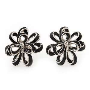 Black Enamel Dimensional Floral Stud Earrings In Silver Plated Metal 