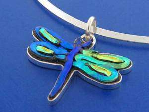 Sterling Silver DICHROIC GLASS DRAGONFLY Pendant .925  