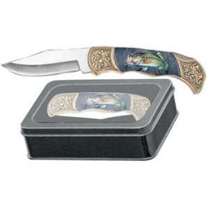  Folding Knife With Bass/Fish Picture On Handle In Gift Box 