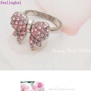Fashion cute 18k plated pink diamond bow ring size 6  