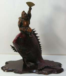 Japanese Buddha EBISU Lucky GOD on KOI Fish Okimono Cast Iron Statue 