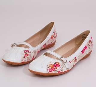 Womens Leather Ballet Flats Shoes Ballerina Floral Print Ankle Strap 