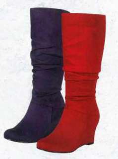   Slouchy Medium Wedge Heel Calf Knee High Boots Red Purple Black  