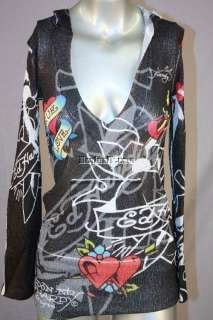 ED HARDY TRUE LOVE BLACK L/S TUNIC KNITTED HOODIE SMALL  