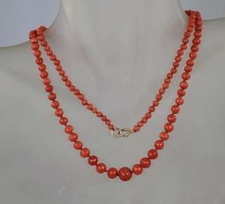Antique Natural Mediterranean Sea Red Coral Bead Necklace with 14k 