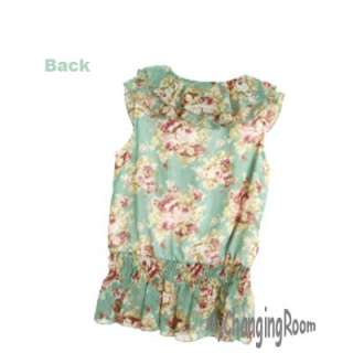 New Women Vintage Floral Prints Green Chiffon Ruffles Top *Must Have 