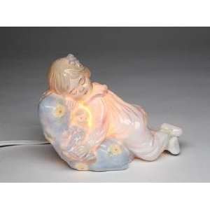Lighted Baby Girl Hugging/Holding Large Blue Pillow Electric Luminaire