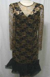 VTG Michael Marcella ILGWU Black/Gold Rose Lace Dress  
