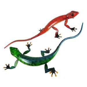 Pair Of Gecko Lizard Metal Statues Red / Green 