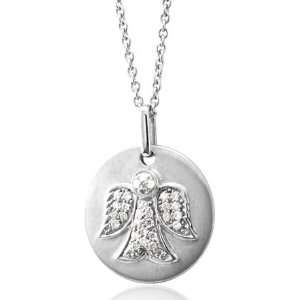  Sterling Silver Round Disc Angel Diamond Pendant Necklace 