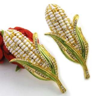 Yellow White Corn Maize Enamel Brooch Pin Light Clear Crystal Gold 