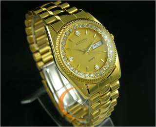 Luxury Mens Gold Watch Diamond Dial Date/Week Stainless  
