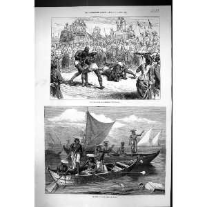   Baroda Wrestlers Boatmen Malabar Coast Antique Print
