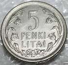 Lithuania 1936 Silver 5 Litai Coin  